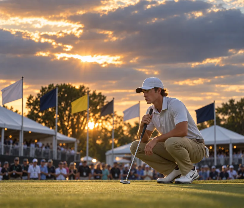A golfer crouching to read a putt on the green at sunset, watched by a gallery